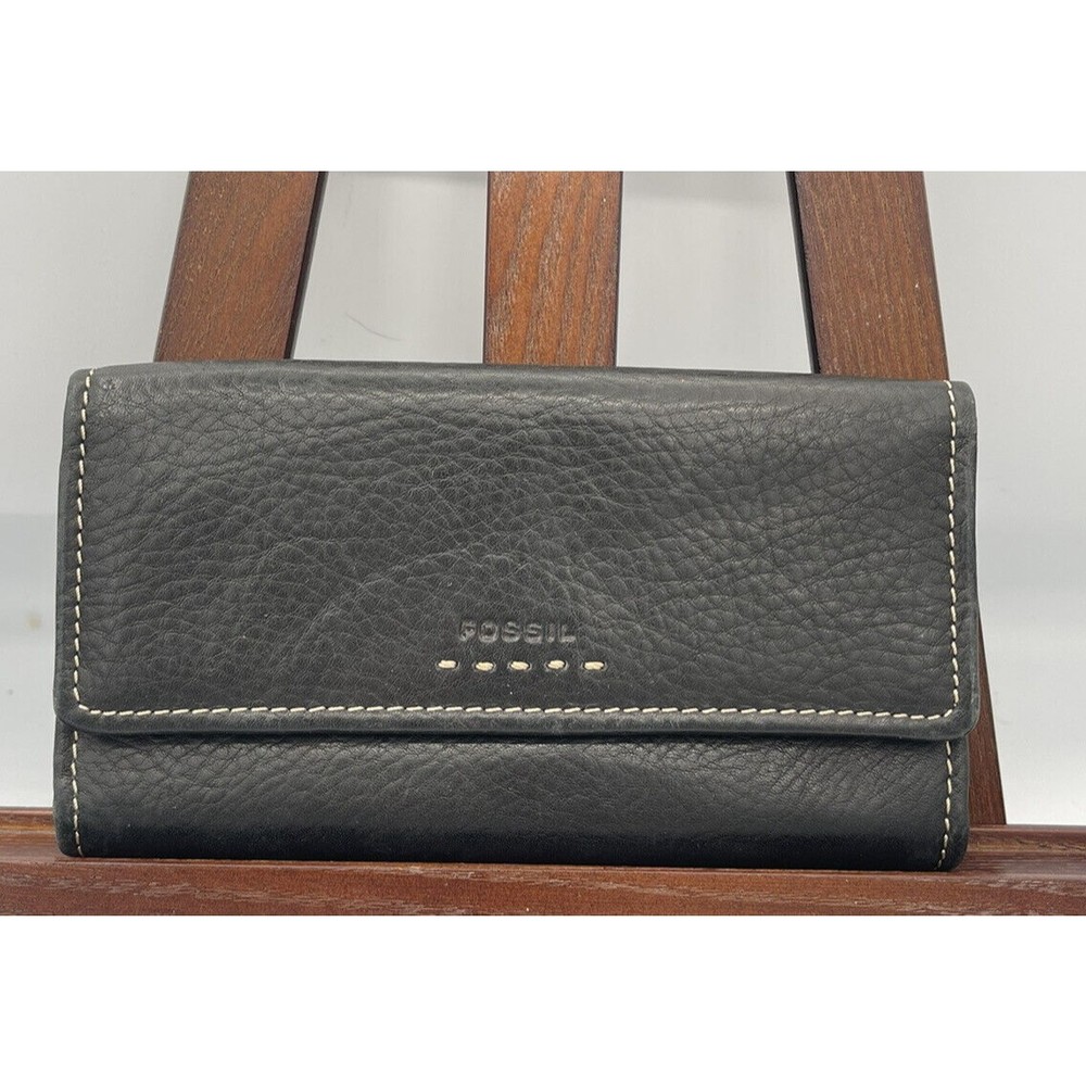 Fossil Popstitch Soft Black Leather Trifold Wallet & Checkbook Cover 7x3